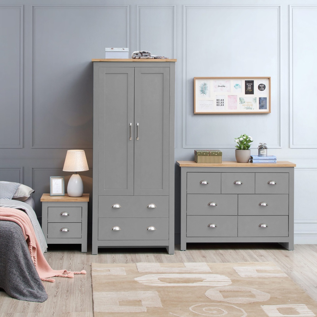 Cisnon Light Grey 3 Piece Set (2 Door Wardrobe