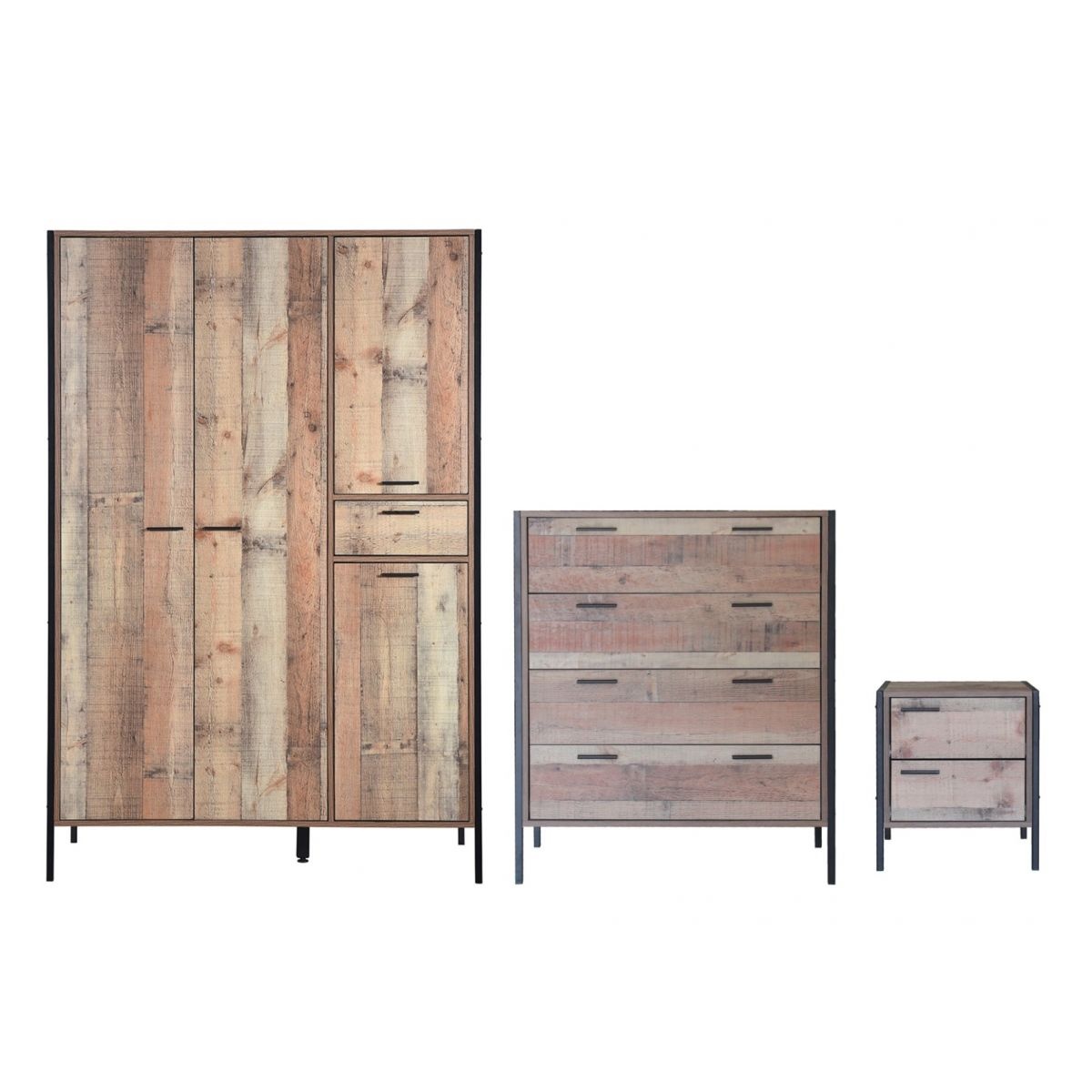 Sevvon 3 Piece Bedroom Set 4 Door Wardrobe Rustic Oak