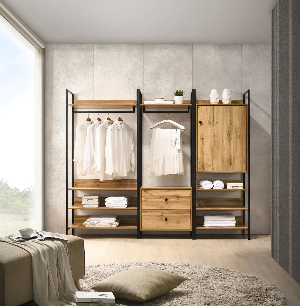 Cahra 3 Piece Bedroom Furniture Set Open Wardrobes Oak