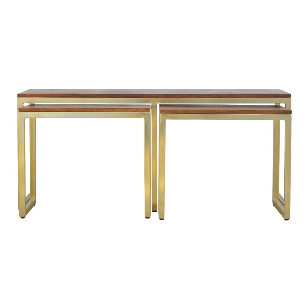 Hik Solid Wood Iron Gold Base Table Set Of 3