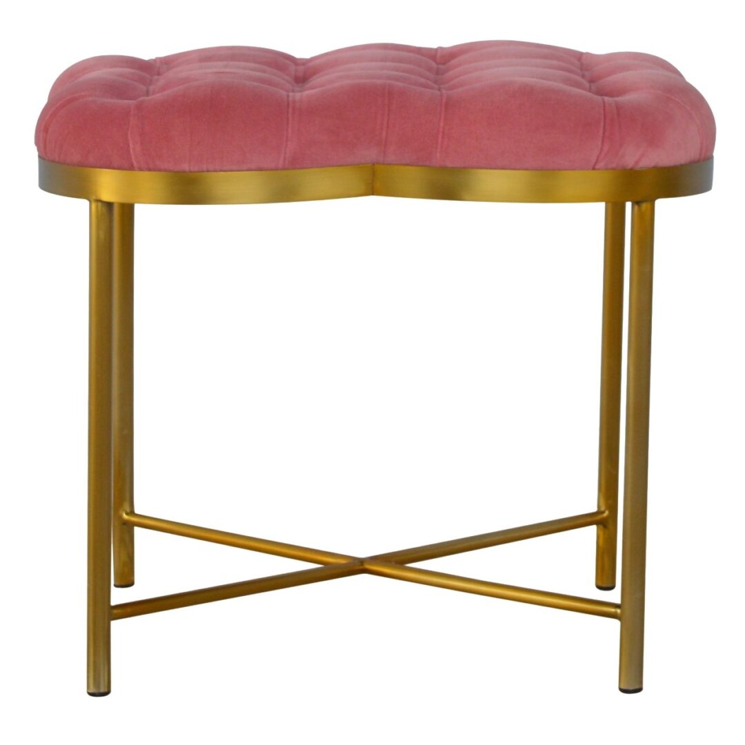Hunnep Pink Velvet Deep Button Footstool with Golden Base.