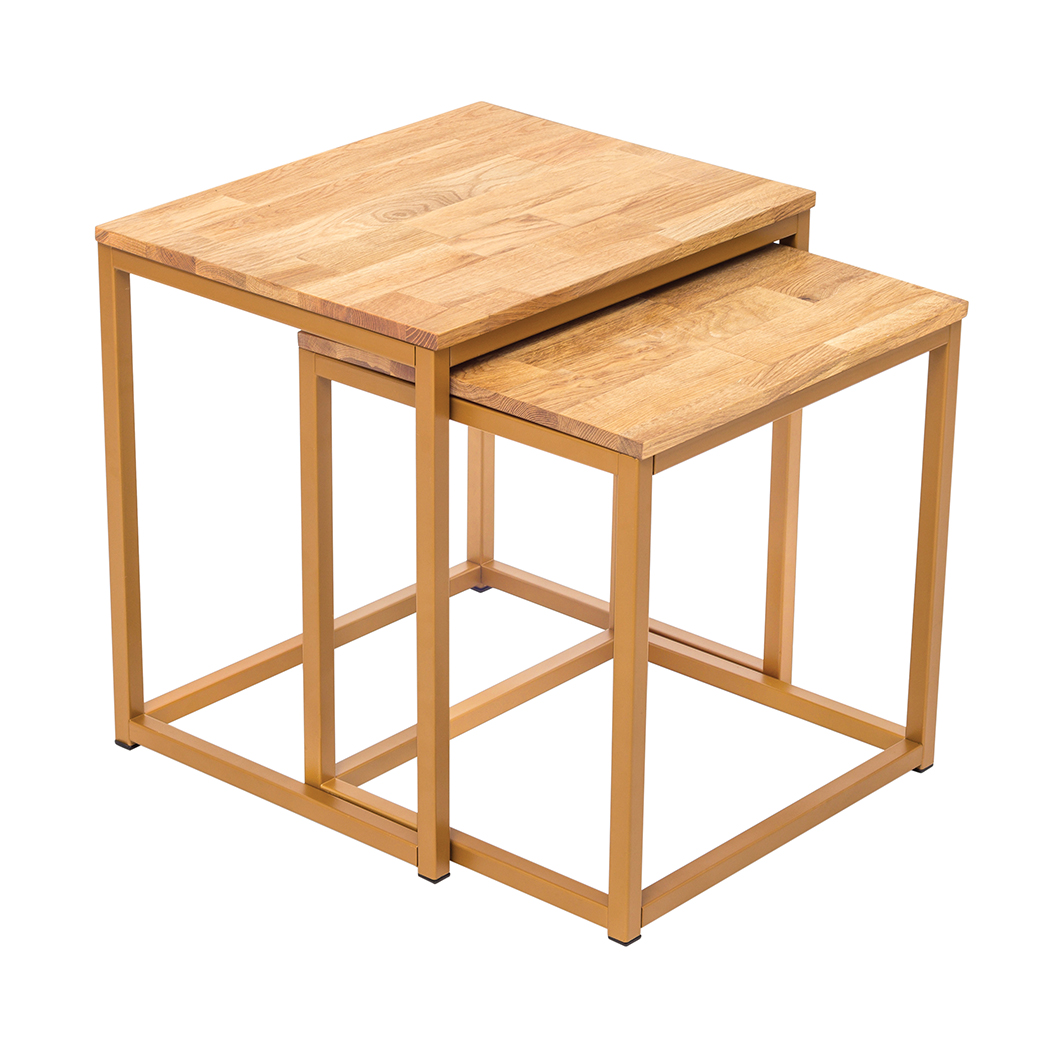 Michie Nest Of Tables Solid Oak Gold Metal Frame