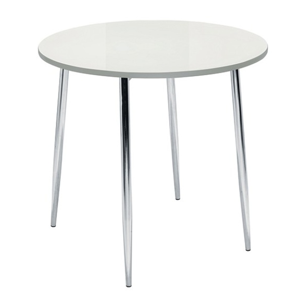 Kadi Round White Gloss 4 Leg Table Beech Table Top Chrome Legs